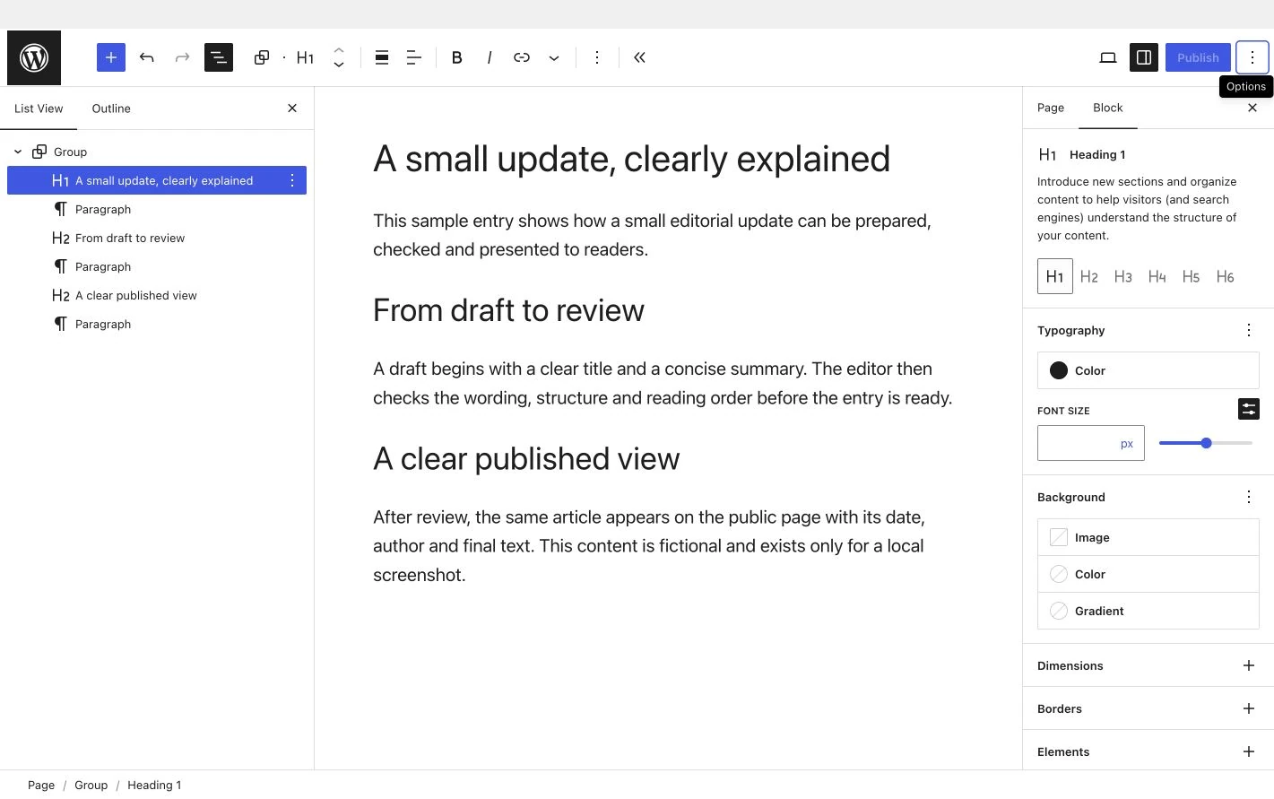 WordPress 官方区块编辑器显示通用示例文章，左侧是区块列表，中间是正文，右侧是标题区块设置。