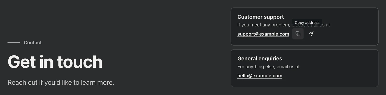 The contact page's two contact entries, each with an email address. The pointer rests on the copy icon beside the first address, which shows a “Copy address” tip next to a write-email icon.